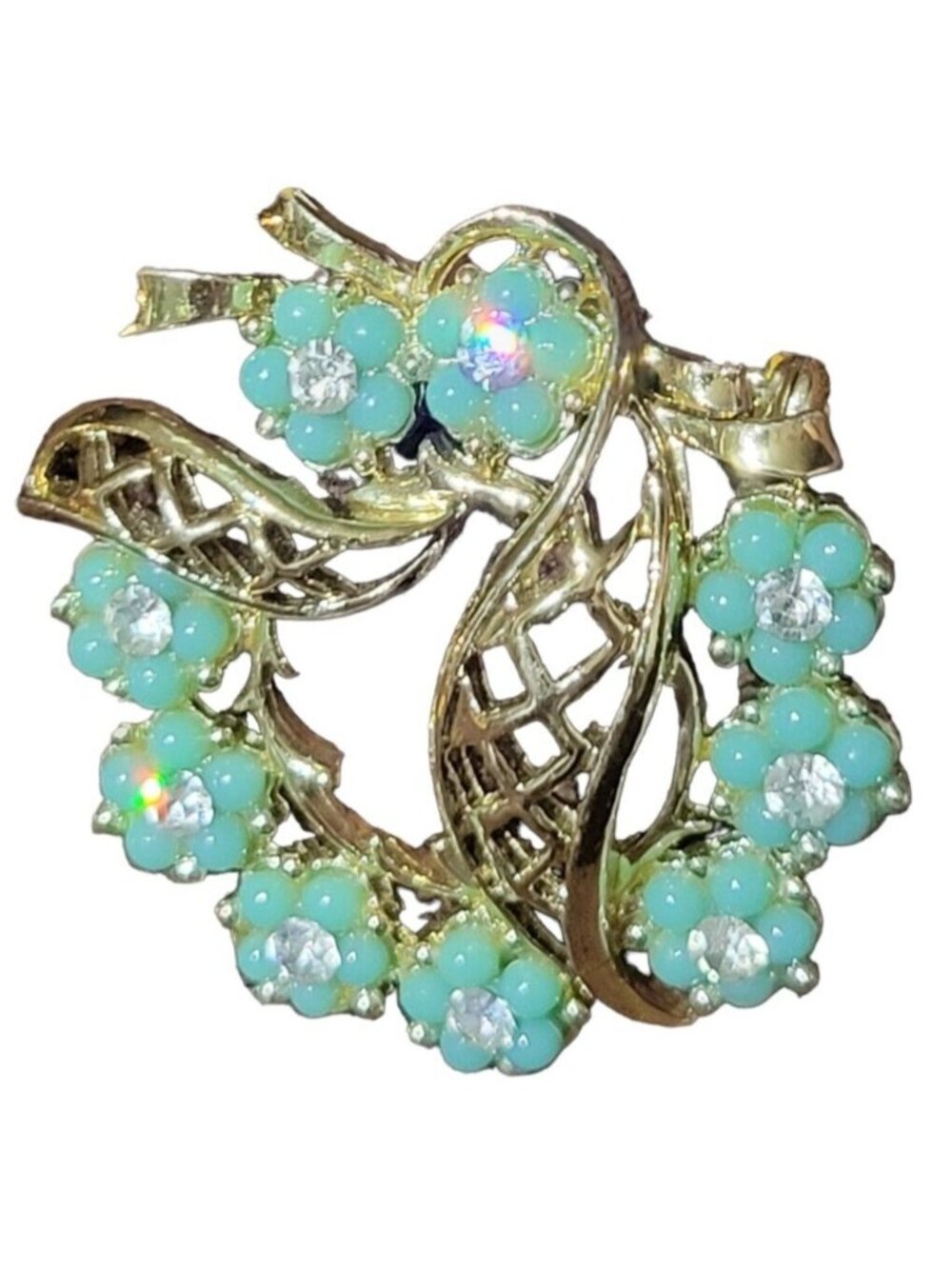 Round Wreath Brooch Pin Goldtone Bow Pale Mint Ceylon Green Crystal Flowers